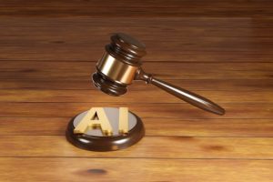 Gavel above a wooden surface, positioned to strike a circular block with the letters 'AI' displayed, representing legal matters regarding artificial intelligence