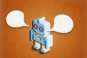 Stylized robot with empty speech bubbles on a brown background