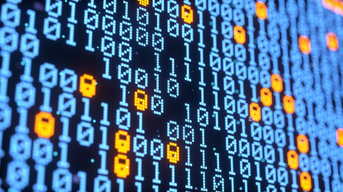 Close-up of binary code with blue and orange highlights