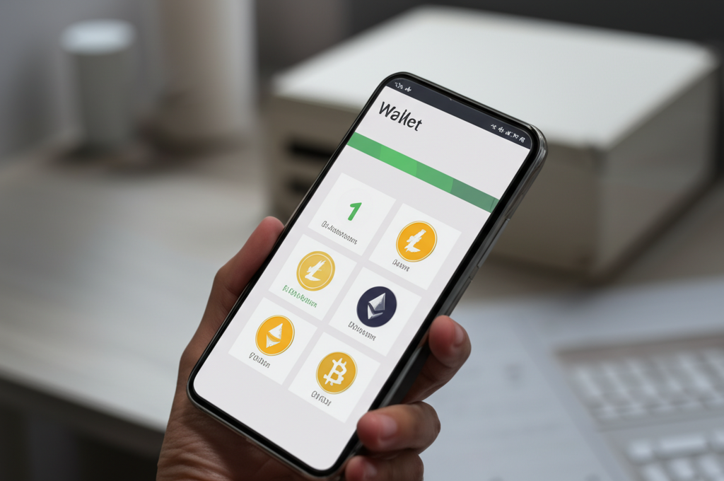 Image of a mobile phone displaying various cryptocurrency wallet apps