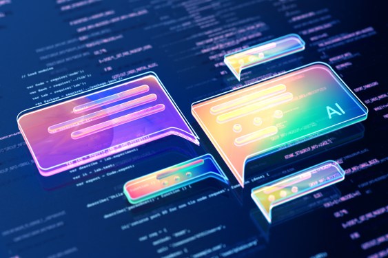 Colorful abstract speech bubbles with 'AI' amidst code or text background