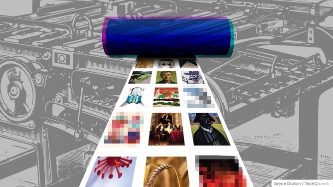 Artistic illustration of a printing press with a colorful cylinder and a strip of various images emerging, symbolizing innovative AI image editing and generation technologies by Black Forest Labs.