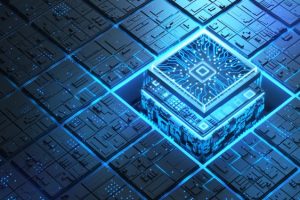Futuristic glowing microchip illustrating advanced semiconductor technology and AI integration in 2025