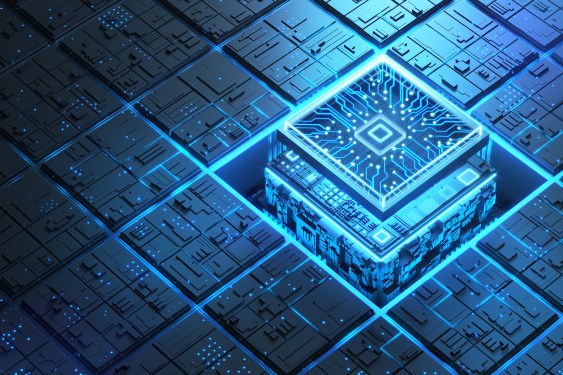 Futuristic glowing microchip illustrating advanced semiconductor technology and AI integration in 2025