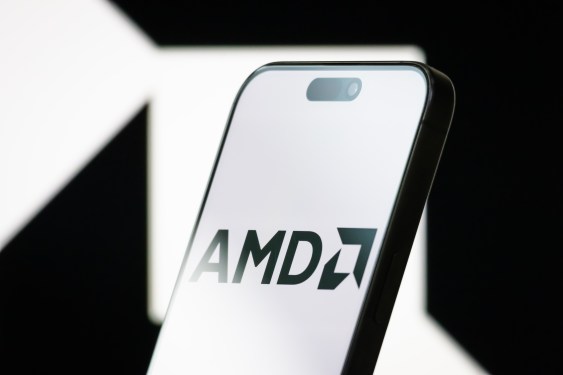 Smartphone displaying AMD logo with a blurred background of the same logo, highlighting AMD's role in AI and silicon photonics innovation