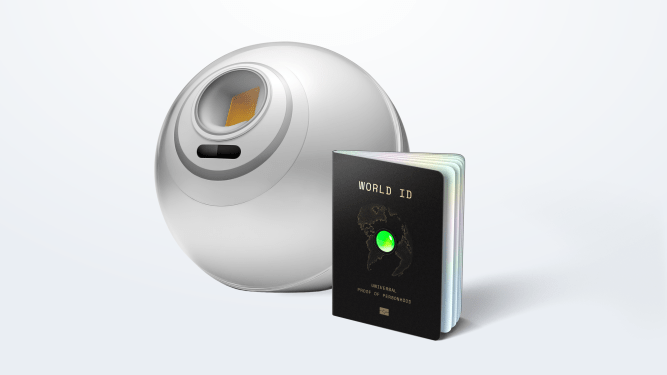 Round metallic device with reflective surface and World ID booklet labeled Universal Proof of Personhood