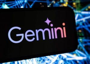 Smartphone displaying Gemini logo with star above the 'i', digital network background highlighting AI innovation and technological advancement