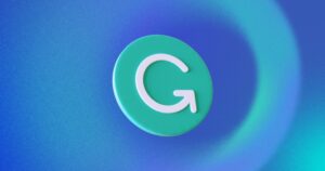 Grammarly logo with a white letter G on a teal circular background set against a blue gradient swirl background.