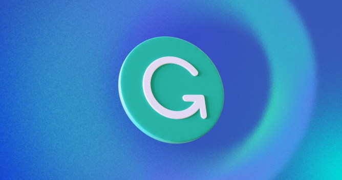 Grammarly logo with a white letter G on a teal circular background set against a blue gradient swirl background.