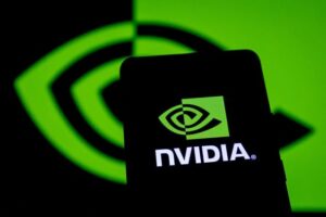 Nvidia logo with stylized eye graphic on a green and black background, related to AI chip export restrictions impact