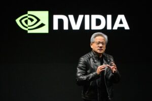 Person giving a presentation about Nvidia's AI earnings and export restrictions with Nvidia logo in the background