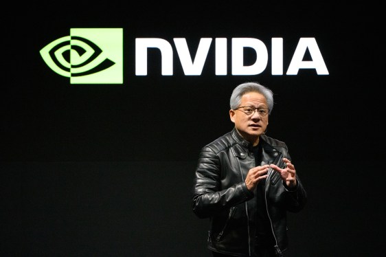 Person giving a presentation about Nvidia's AI earnings and export restrictions with Nvidia logo in the background