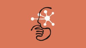 Stylized illustration of a head in profile with a thinking hand gesture and a network inside, symbolizing innovative AI voice conversations
