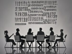 Silhouettes of people sitting around a table discussing AI trends with binary code above them