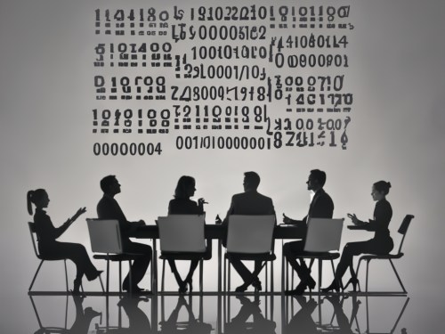Silhouettes of people sitting around a table discussing AI trends with binary code above them