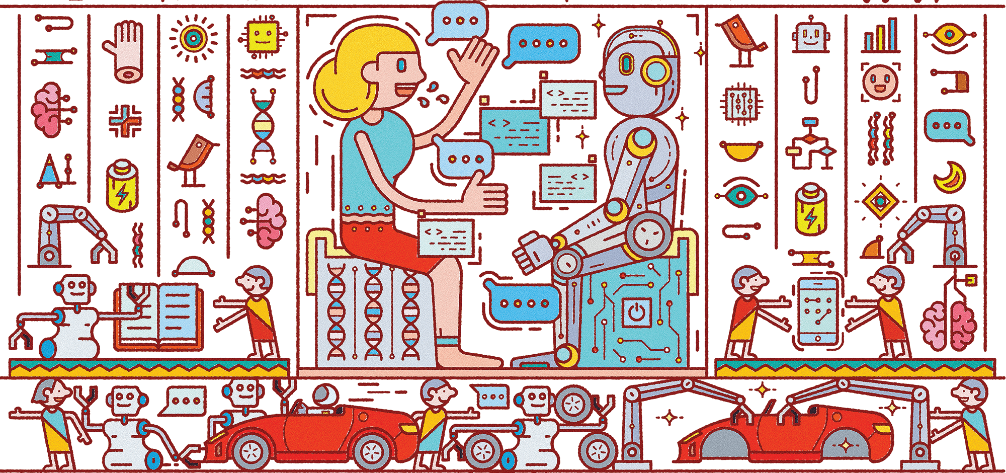 Illustration depicting AI technology working alongside humans in the modern workplace, emphasizing AI human workforce integration