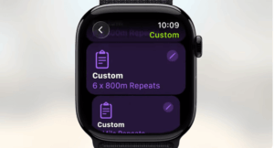 Smartwatch display showing custom workout routines '6 x 800m Repeats' and '4 Mile Repeats' with AI-powered fitness coaching interface