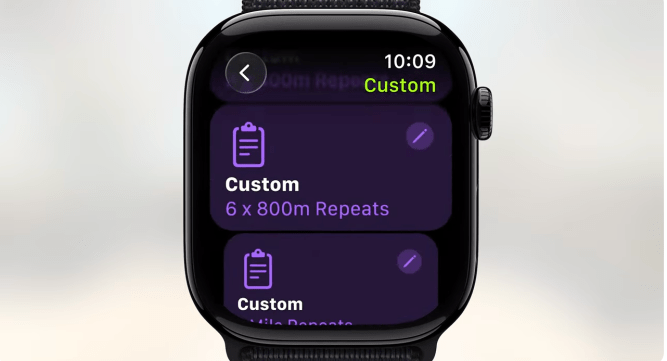 Smartwatch display showing custom workout routines '6 x 800m Repeats' and '4 Mile Repeats' with AI-powered fitness coaching interface