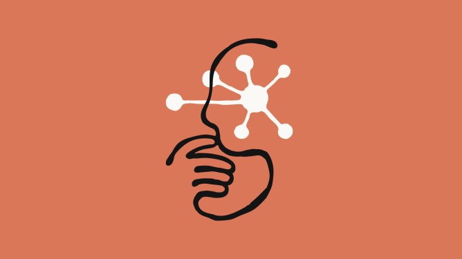 Minimalist illustration of a thinking hand with a stylized head outline containing a network of ideas, symbolizing AI and concepts, set against an orange background.
