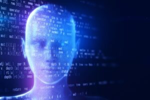 Stylized digital illustration of a human head with computer code overlay, symbolizing AI and digital technology, representing Anysphere's impressive valuation boost