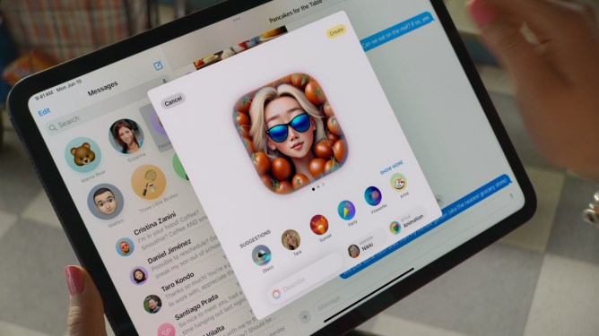 Person using iPad with Messages app showing Memoji options and stickers, featuring a Memoji with sunglasses, highlighting AI and chat integration