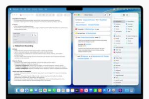 Screenshot of a macOS productivity app showcasing notes and sections related to Apple's AI innovations and Shortcuts app at WWDC 2025