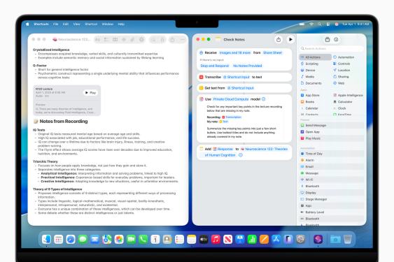Screenshot of a macOS productivity app showcasing notes and sections related to Apple's AI innovations and Shortcuts app at WWDC 2025