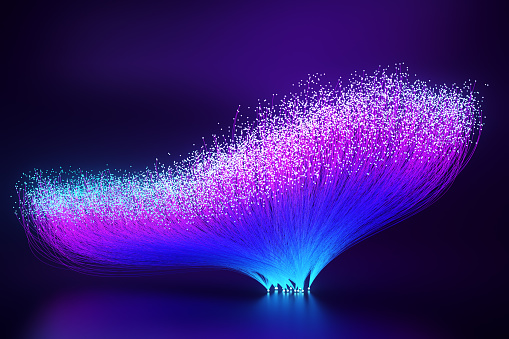 Abstract digital art illustrating data flow and energy with colorful light strands representing AI and technology themes