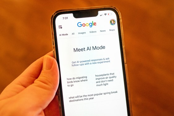 Smartphone displaying Google search interface with AI Mode feature enabling AI-powered responses and follow-up questions, related to topics like migrating birds, houseplants, and spring break destinations.