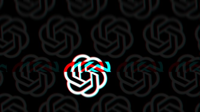 Stylized logo with glitch effect representing OpenAI outage, featuring interlocking loops with red and cyan distortions on a dark background
